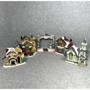 Christmas Village Houses Set of 5 Millhouse Bakery Lighted Blue Waters Arch READ